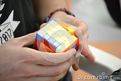 Speedcubing competition in the city of Madrid, in Spain Editorial Stock Photo