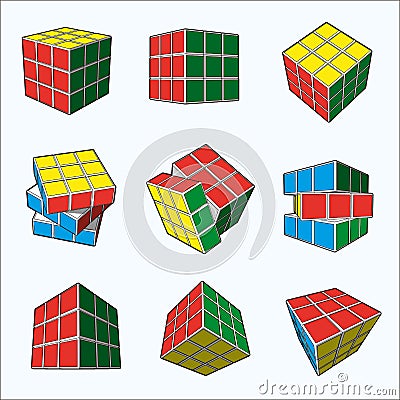 Rubik`s cube isolated on white background. combination puzzle invented in 1974 by Erno Rubik. Solving difficult tasks. Set with 9 Vector Illustration