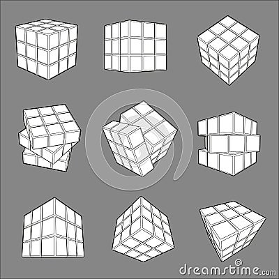 Rubik`s cube isolated on white background. combination puzzle invented in 1974 by Erno Rubik. Solving difficult tasks. Set with 9 Vector Illustration