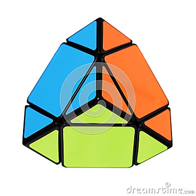 Rubik`s pyramid looking cube called pyraminx used for speedsolving. Nostalgic and retro toy from the 80`s Editorial Stock Photo