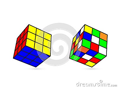 Rubiks cube collected and progress. Math toy puzzle for addicting logical 3D entertainment color intelligence training. Vector Illustration