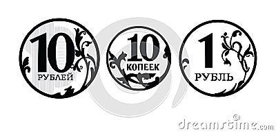 10 ruble coin, 1 ruble coin, 10 penny icons in black and white Vector Illustration