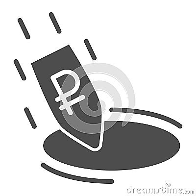Ruble rapidly fall into hole solid icon, economic sanctions concept, Ruble Rate Decrease sign on white background Vector Illustration