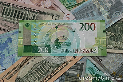 Ruble or rouble RUR currency against Euro EUR and US dollars USD currency Editorial Stock Photo