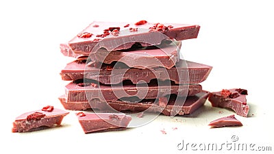 Ruby chocolate macro close up on white background with negative copy space. Stock Photo