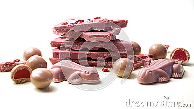 Ruby chocolate macro close up on white background with negative copy space. Stock Photo