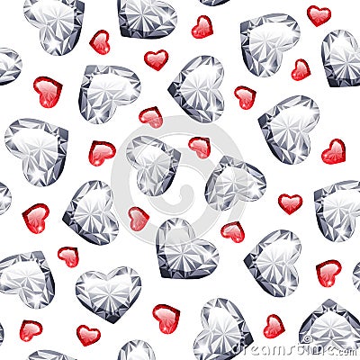 Ruby and Diamond Gem Hearts Seamless Pattern Vector Illustration