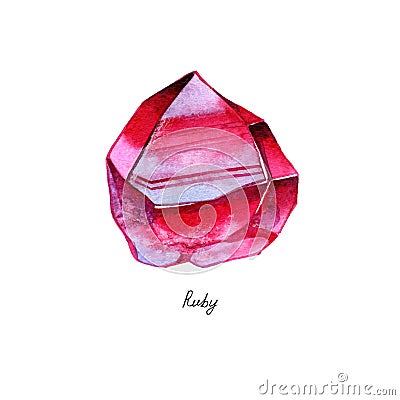 Ruby gem. Watercolor painted crystal. Illustration on white background. Stock Photo