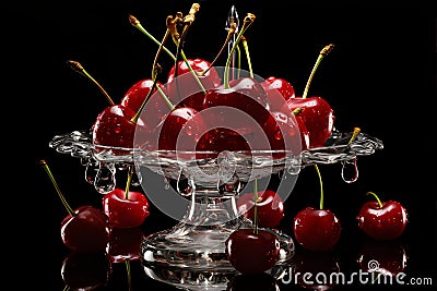 Ruby red cherries clustered on a crystal platter, drops of water. AI Generated Stock Photo