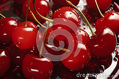 Ruby red cherries clustered on a crystal platter, drops of water. AI Generated Stock Photo