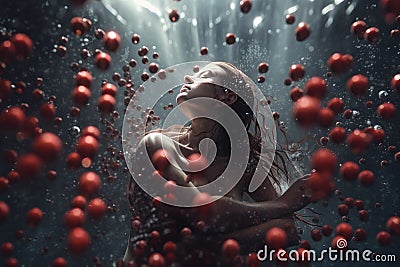 Ruby Red Dream: Surreal Underwater Girl in Silver Swimsuit - 8k Concept Art Stock Photo