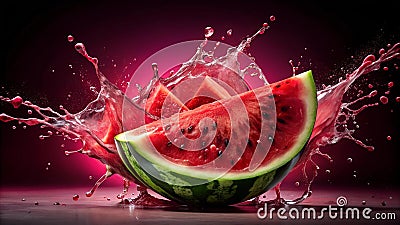 Ruby Red Revelry: A Splashing Watermelon Extravaganza generative AI Stock Photo