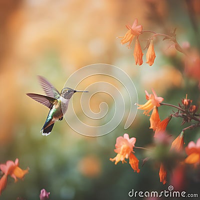 Ruby-throated Hummingbird (archilochus colubris) in flight with orange flowers in the background Stock Photo