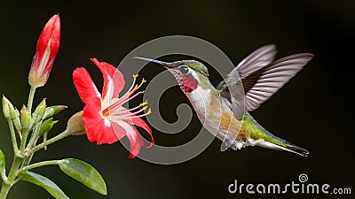 Ruby throated hummingbird in flight near flower on dark background Stock Photo