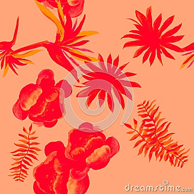 Ruby Tropical Exotic. Scarlet Seamless Leaf. Red Pattern Exotic. Coral Flower Illustration. Pink Drawing Leaves. Stock Photo