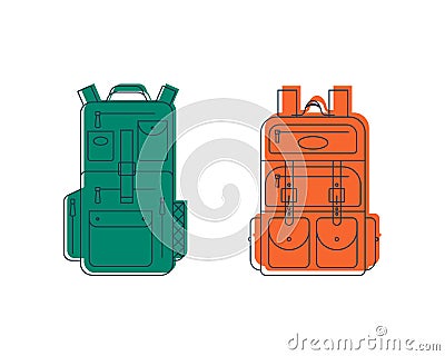 Rucksack or schoolbag with pockets and zipper element. Education and study backpack for students and traveling icon. Tourism bag. Vector Illustration