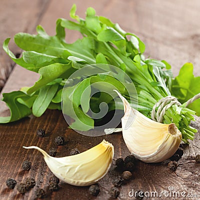 Rucola and garlic Stock Photo