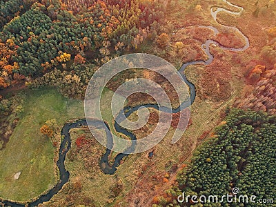 Ruda river in Poland. Top down. Autumn Stock Photo