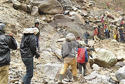 Labor working for Kedarnath reconstruction after disaster. Editorial Stock Photo