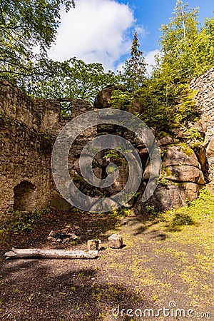 Bushes and constructions in ruins of Bolczow castle Editorial Stock Photo