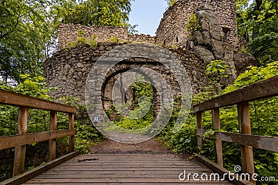 Facade with wooden bridge of ruins of Bolczow castle Editorial Stock Photo