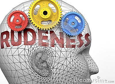 Rudeness and human mind - pictured as word Rudeness inside a head to symbolize relation between Rudeness and the human psyche, 3d Cartoon Illustration