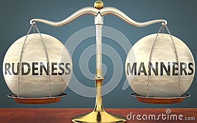 Rudeness and manners staying in balance - pictured as a metal scale with weights and labels rudeness and manners to symbolize Cartoon Illustration