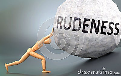 Rudeness and painful human condition, pictured as a wooden human figure pushing heavy weight to show how hard it can be to deal Cartoon Illustration