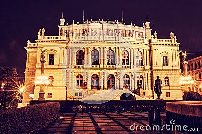 Rudolfinum - Czech philharmonic in Prague, Czech republic. Night scene. Travel destination. Architectural scene. Red photo filter Stock Photo
