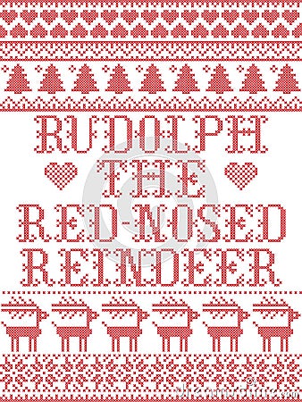 Rudolph the red-nosed reindeer Scandinavian seamless pattern inspired by nordic culture festive winter in cross stitch Vector Illustration