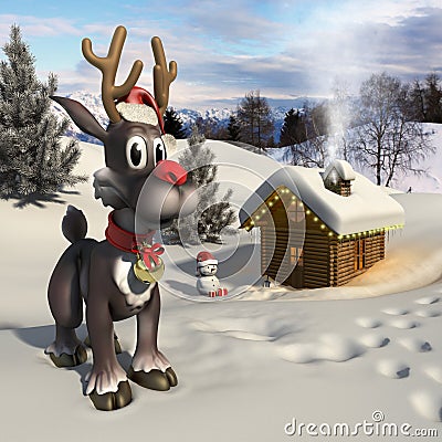 Rudolph reindeer in a Christmas landscape Stock Photo