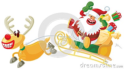 Rudolph and Santa on a sleigh Vector Illustration