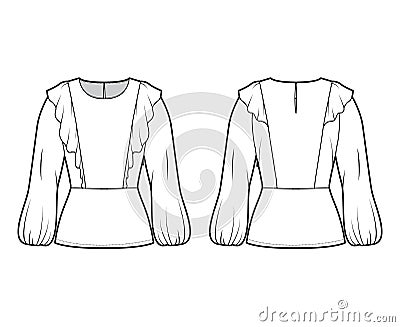 Ruffled blouse technical fashion illustration with hem, oval neck, back button-fastening keyhole, long bishop sleeve Vector Illustration