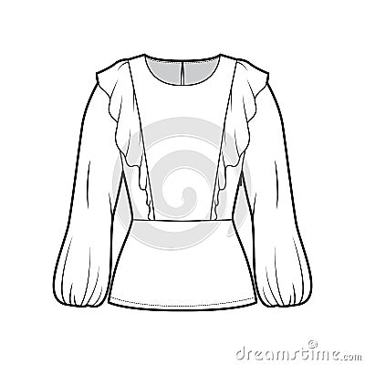 Ruffled blouse technical fashion illustration with hem, oval neck, back button-fastening keyhole, long bishop sleeve Vector Illustration