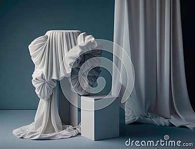 Ruffles of voile tufted in a graceful design. Podium, empty showcase for packaging product presentation, AI generation Stock Photo