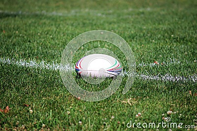 Rugby ball on field Stock Photo