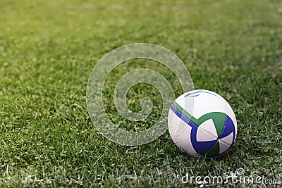 Rugby Ball on Green Field - Rugby Stadium. Rugby Pitch. Editorial Stock Photo