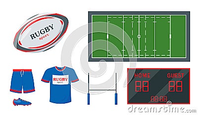 Rugby equipment set for sport match. Vector Illustration