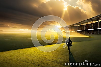 A rugby field bathed in golden sunlight during a match, with long shadows cast by the players Stock Photo