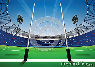 Rugby field with bright stadium. Vector Illustration