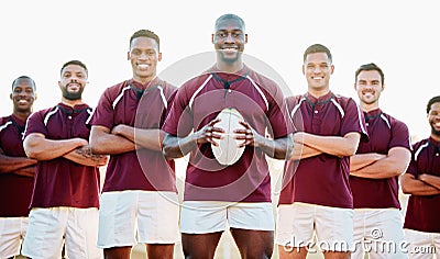 Rugby, field and portrait of team with ball and smile standing together with confidence in winning game. Diversity Stock Photo