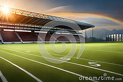 A rugby pitch with dew-covered grass, glistening in the early morning sunlight before a game begins Stock Photo