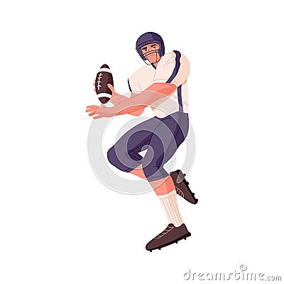 Rugby player holding and throwing ball with hand. American football athlete during sports game. Sportsman in helmet Vector Illustration