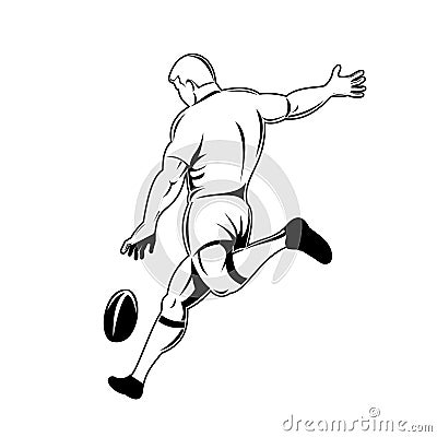 Rugby Player or Kicker Drop Kicking the Ball Viewed from Side Retro Woodcut Black and White Vector Illustration