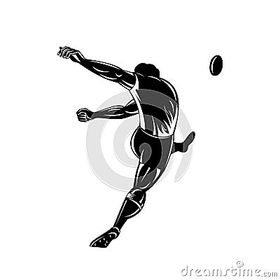 Rugby Player or Kicker Kicking the Ball Viewed from Rear Retro Woodcut Black and White Vector Illustration