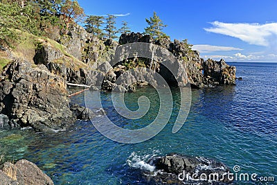 East Sooke Wilderness Park, Vancouver Island, Rugged Shoreline at Creyke Point in Evening Light, British Columbia, Canada Stock Photo