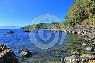 East Sooke Wilderness Park with Juan de Fuca Strait and Rugged Coast from Creyke Point, Vancouver Island, British Columbia Stock Photo