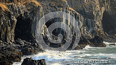 The rugged coastline dotted with tall angular basalt columns formed by the constant beating of the waves Stock Photo