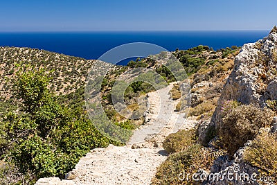 Rugged coastline and walking trails at Katholiko on the northern coast of Chania, Crete Stock Photo