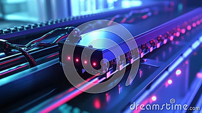 A rugged edge computing unit integrated into a conveyor belt system with wires neatly bundled and connected to sensors Stock Photo